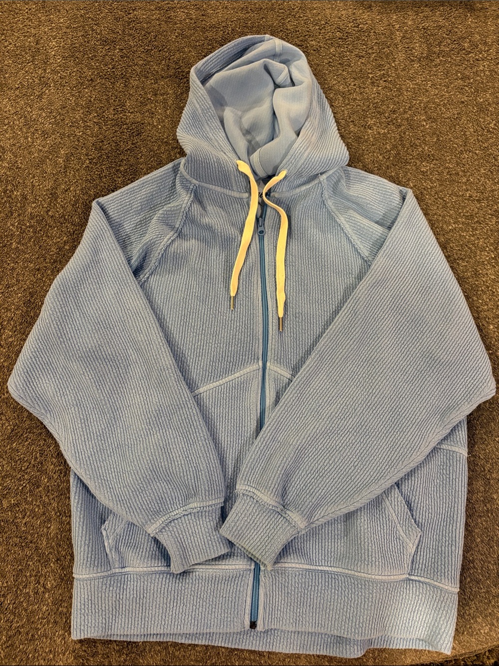 aerie Light Blue Ribbed Zip-Up Hoodie with Yellow Drawstring